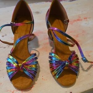 Rainbow Metallic Bow Strappy Heels for Women